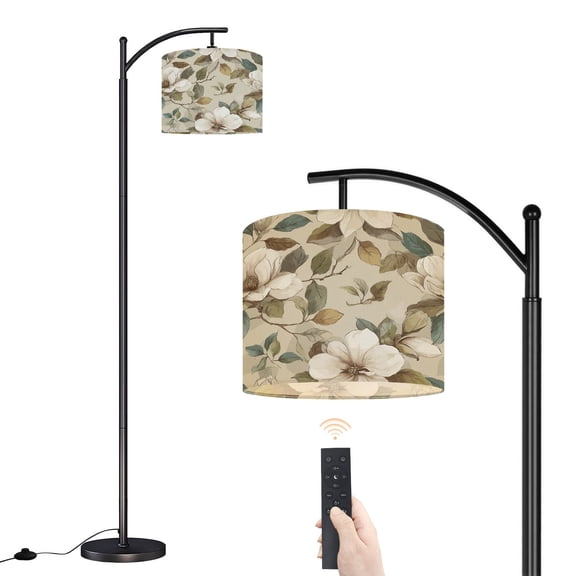 Arc Floor Lamp with Adjustable Lampshade Vintage Magnolia Floral Soft Earthy Tones Standing Lamp 3 Color Temperatures Dimmable Tall Pole Lamp with Foot Switch for Bedroom