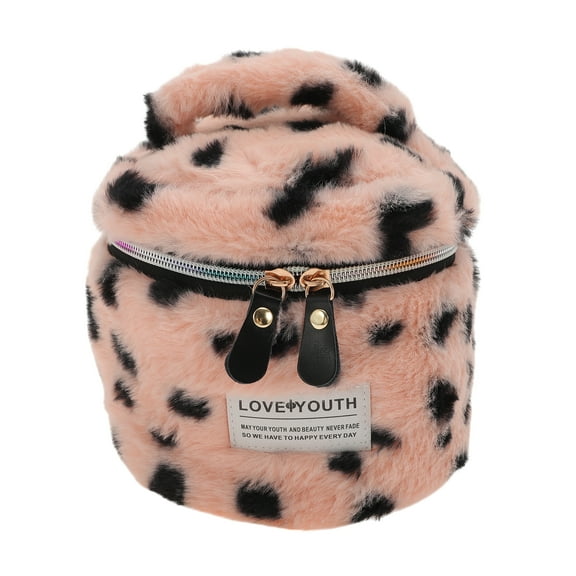 Unique Bargains 1 Pc Leopard Print Drawstring Makeup Bag for Vacation Business Travel Plush Pink