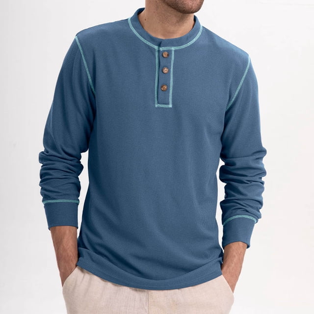 pstuiky Camisas de manga larga de invierno para hombre, Sudadera informal de color liso con botones y manga larga y cuello redondo para hombre Tops casuales para hombres m