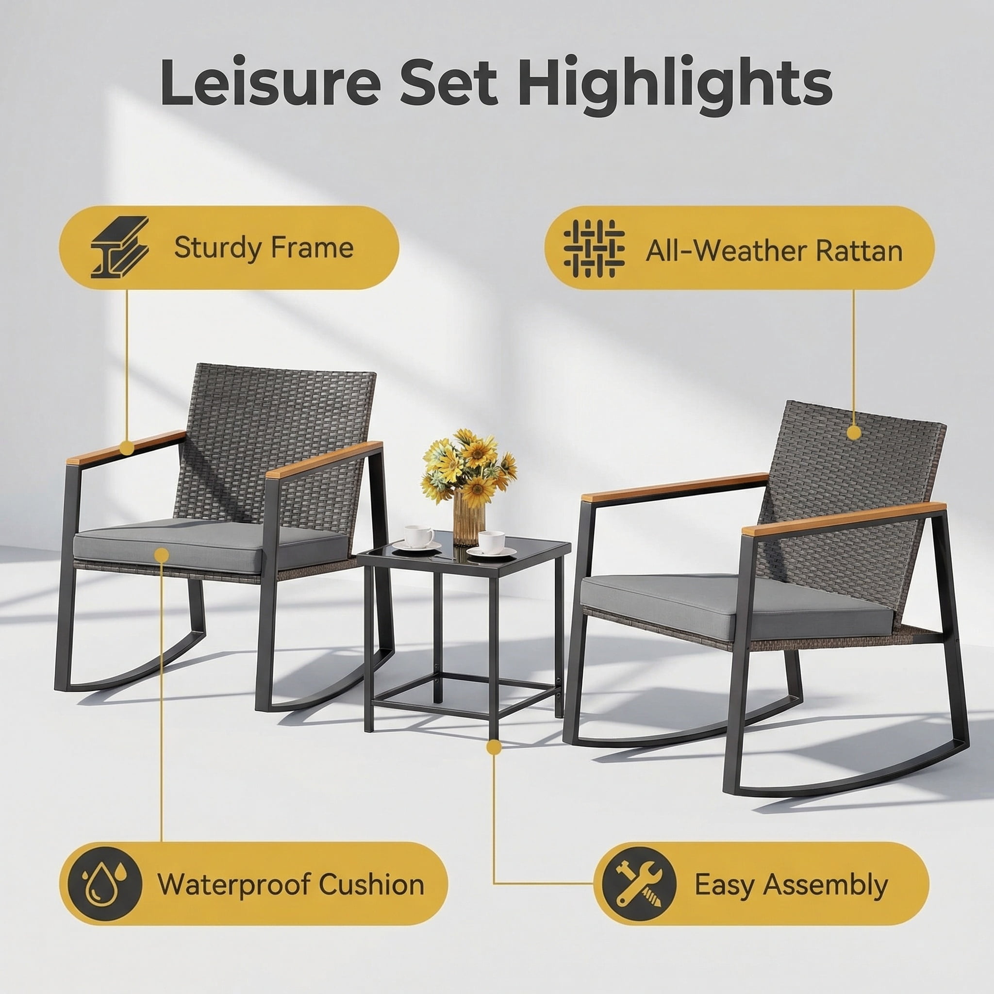 Lofka 3-Piece Rocking Patio Bistro Set, Outdoor Wicker Furniture Set with Tempered Glass Table & Chairs for Patio Balcony Porch, Gray
