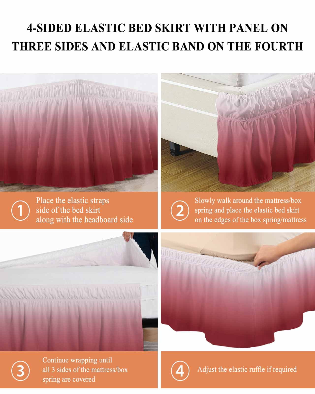 Red Gradient Bed Skirt Queen Size 16" Drop Ruffled Wrap Around Bed Skirts Adjustable Elastic Bedskirt Dust Ruffle for Queen Size Bed