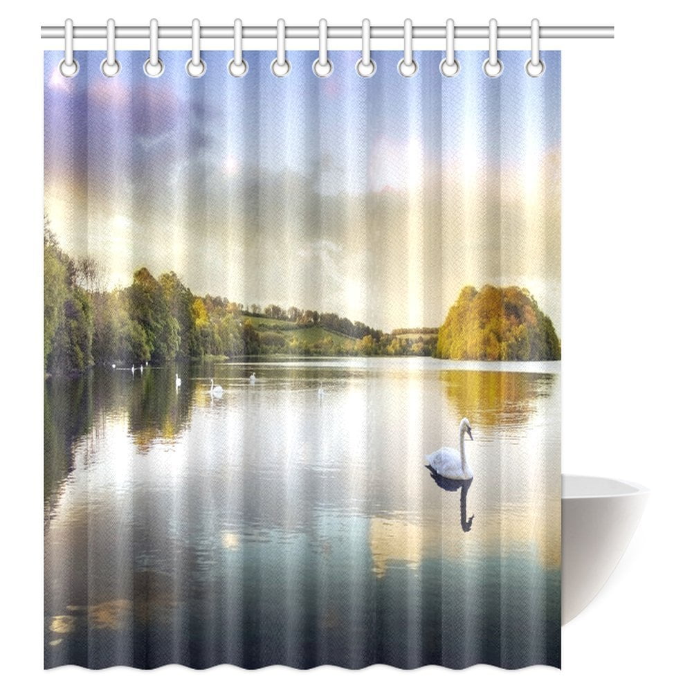 MYPOP Lake House Shower Curtain, Swans Resting on a Lake Covered by