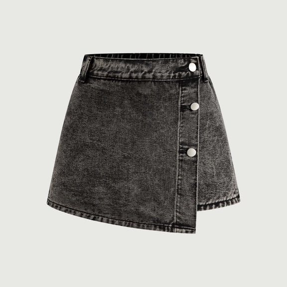 OOOUM Girls Distressed Skorts Skirts Button Front Washed Denim Skirt With Shorts Fashionable Stretch Y2K Summer Short Skirt Black 15-16 Years