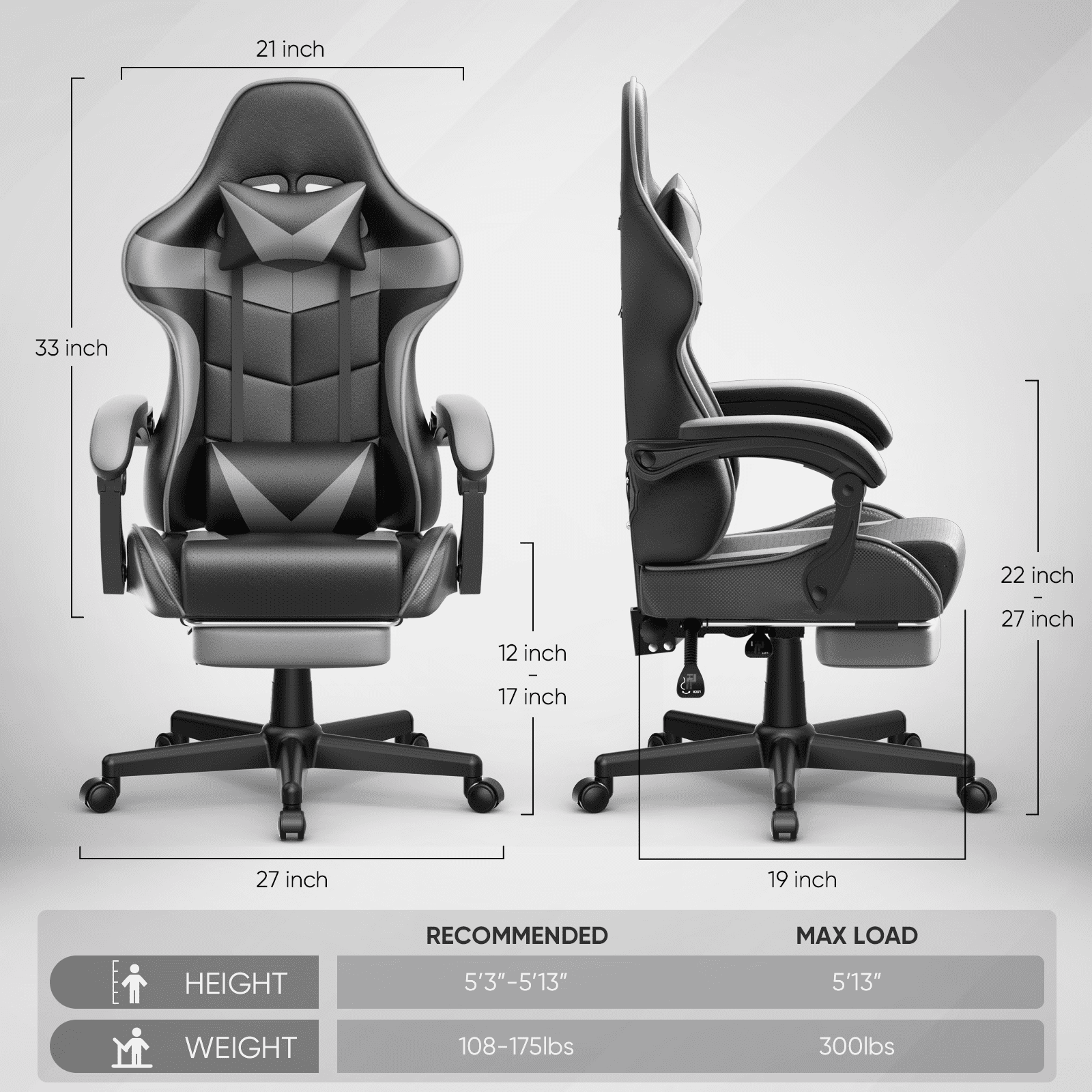 Soontrans Gaming Chair with Footrest and Ergonomic Massage Lumbar Pillow PU Leather Office Chair, Gray