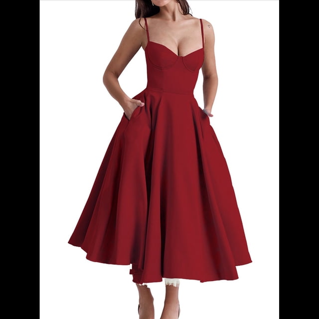 Vestidos de Invitada de Boda para Mujer, con Tirantes Finos, Corsé, para Fiesta de , con Encaje Floral, Vestidos Largos de Fiesta Rojo XL