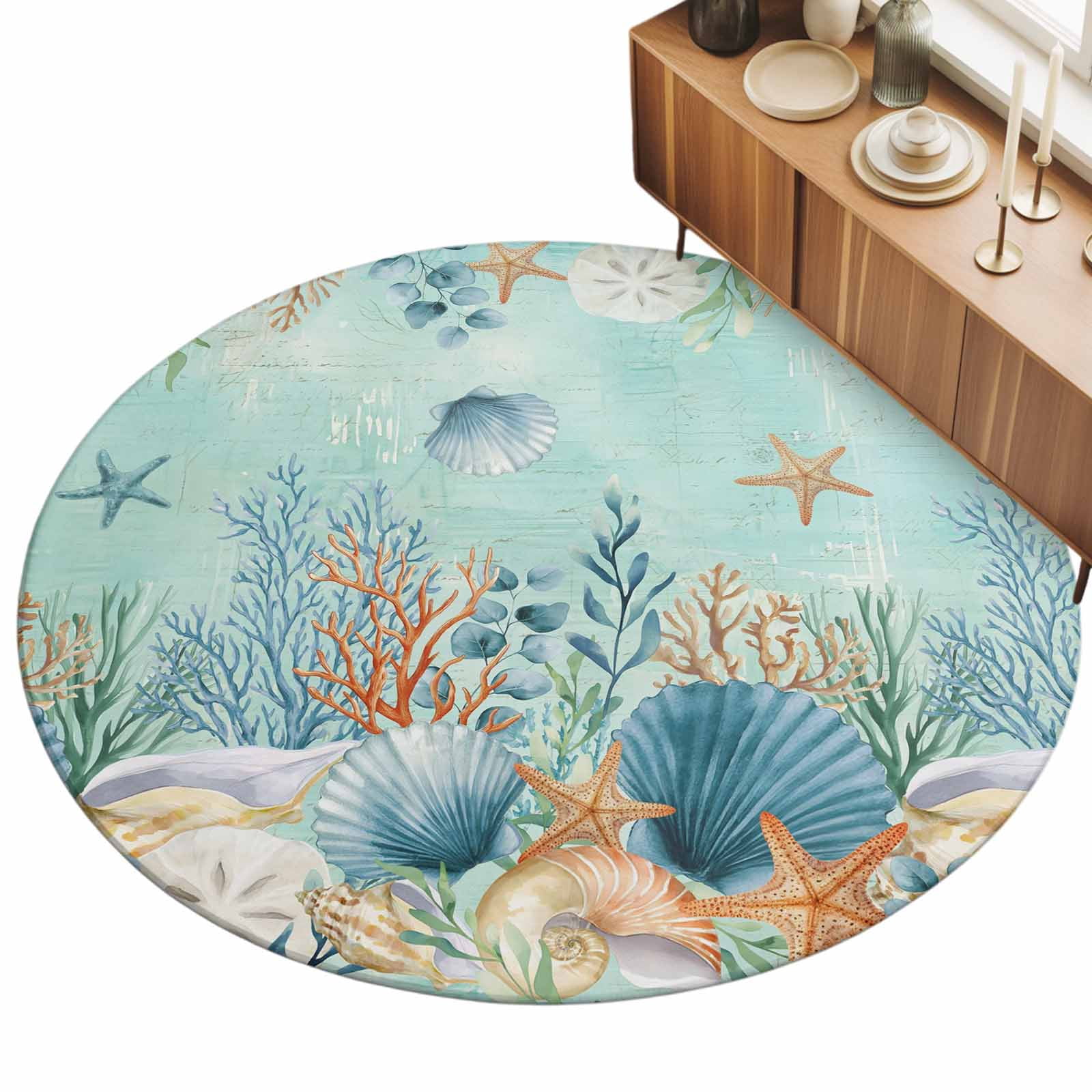 Round Area Rugs 5Ft, Teal Coastal Non-Slip Washable Circle Rugs Carpet, Summer Beach Starfish Shell Coral Nautical Indoor Outdoor Rug Floor Mats Throw Runner for Bedroom Living Room Bathroom