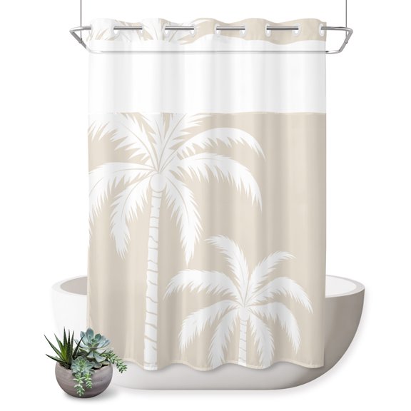 No Hook Shower Curtain, Cream Palm Tree Shower Curtains for Bathroom with See Through Top Window, Coastal Tropical Summer Coconut Plants Waterproof & Washable Bath Curtain Extra Long 72"x84"