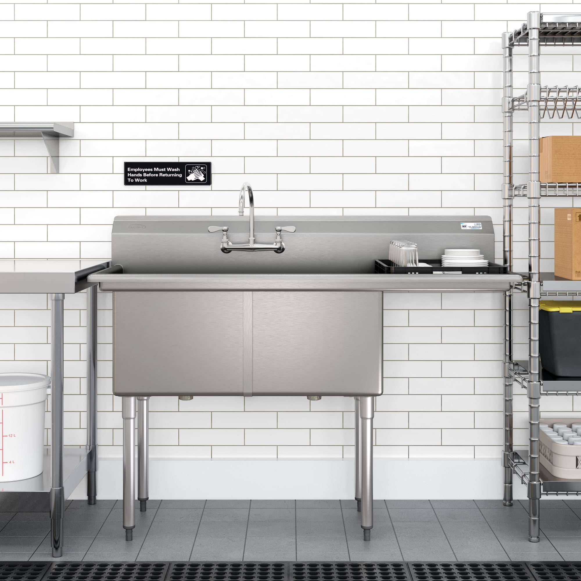 57 in. 18-Gauge 2-Compartment Commercial Sink with Backsplash and 18 in. Right Drainboard, Bowl Dimensions 18"x18"x14" in Stainless-Steel (KM-SB181814-18R3)
