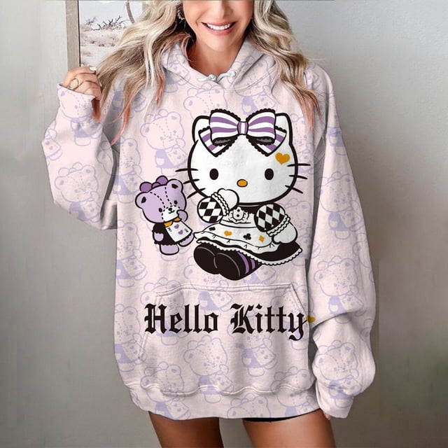 Sudadera con capucha y estampado de HELLO KITTY para mujer, suéter informal holgado de manga larga en blanco y rosa, sudadera fina y elegante de talla grande para mujer