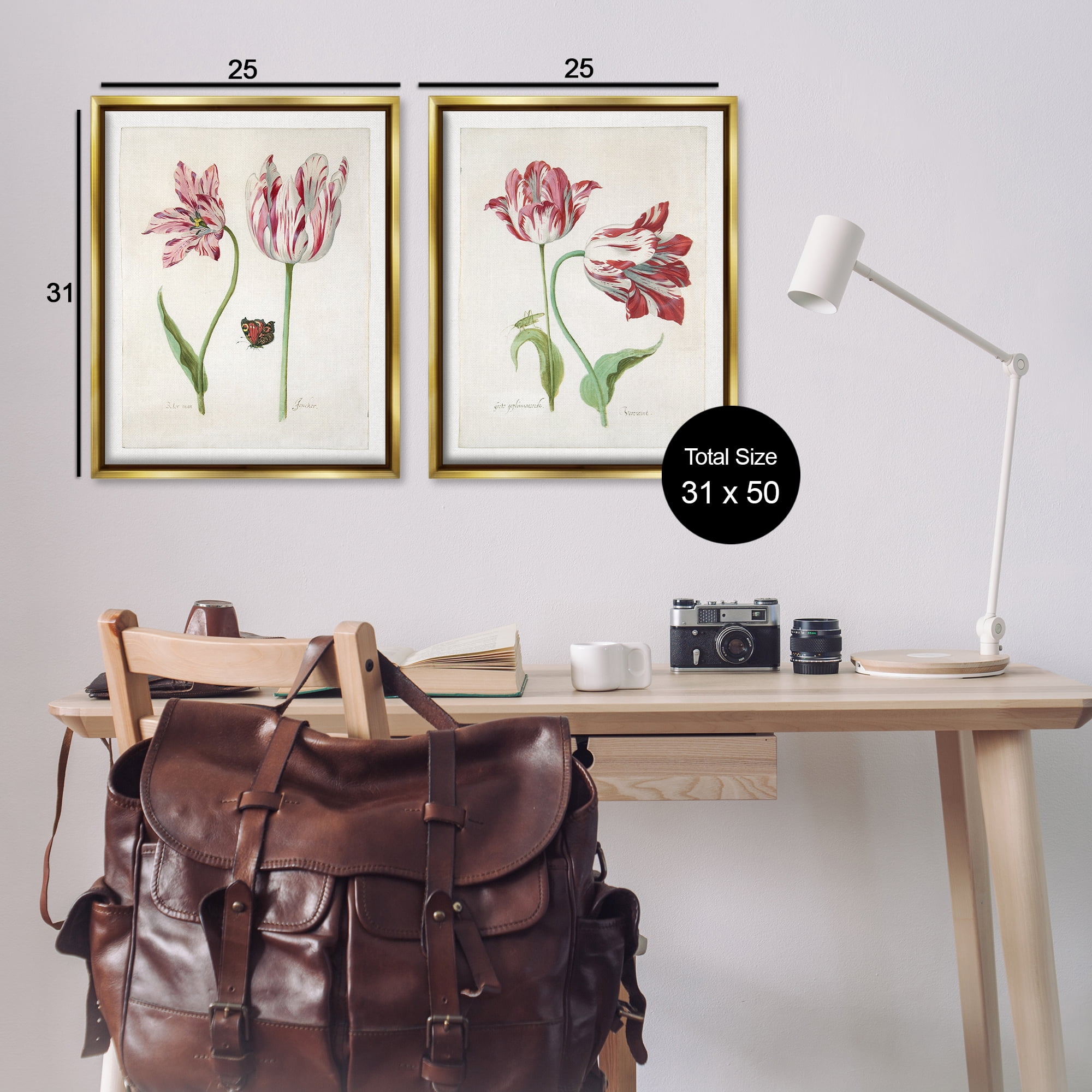 Stupell Industries Vintage Tulip & Insect Studies Floral & Botanical Painting Gold Floater Framed Canvas Art Print Wall Art, 31 x 25, Set of 2
