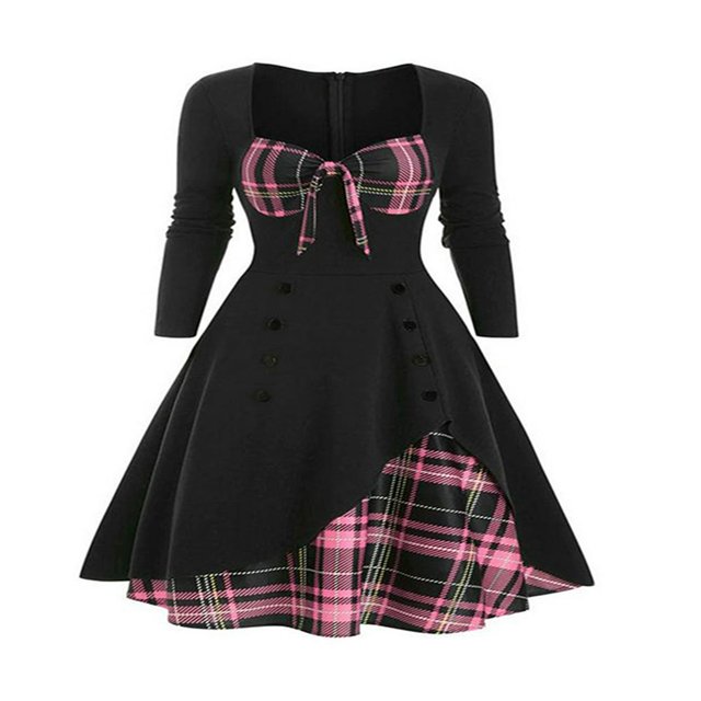 CNKOO Women‘s Spring Autumn Patchwork Dress Long Sleeve Square Neck Plaid Zipper A-Line Dress