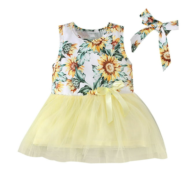 Vestido Para Niñas, Ropa Para Niñas Pequeñas, Niños Pequeños, Lindo Verano Sin Mangas, Estampado De Flores, Vestido De Malla Con Lazo, Falda, Traje Amarillo Odeerbi LM103-3644