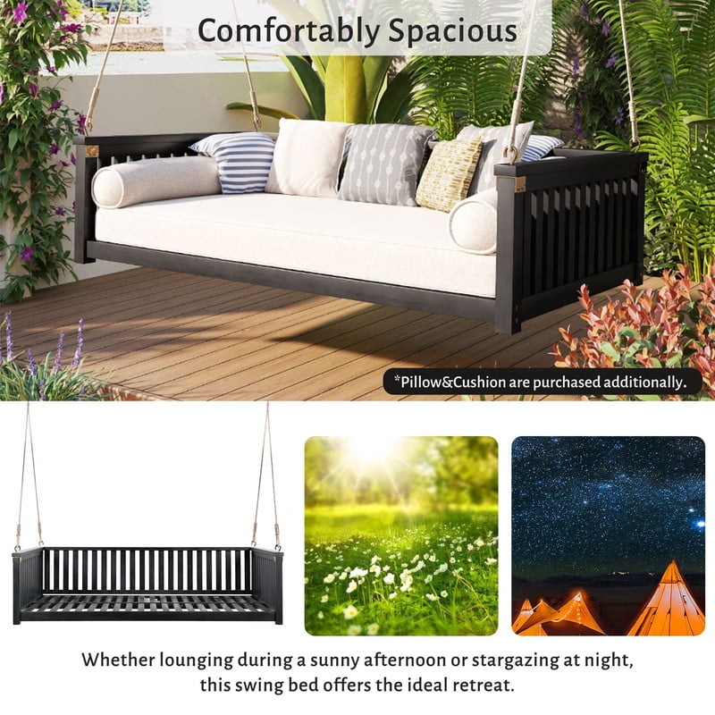 Patio Twin Size Garden Swing Bed, Wooden Porch Swing Frame with Ropes, Outdoor Hanging Swing for Garden, Backyard, Patio, Safe Sloped Design