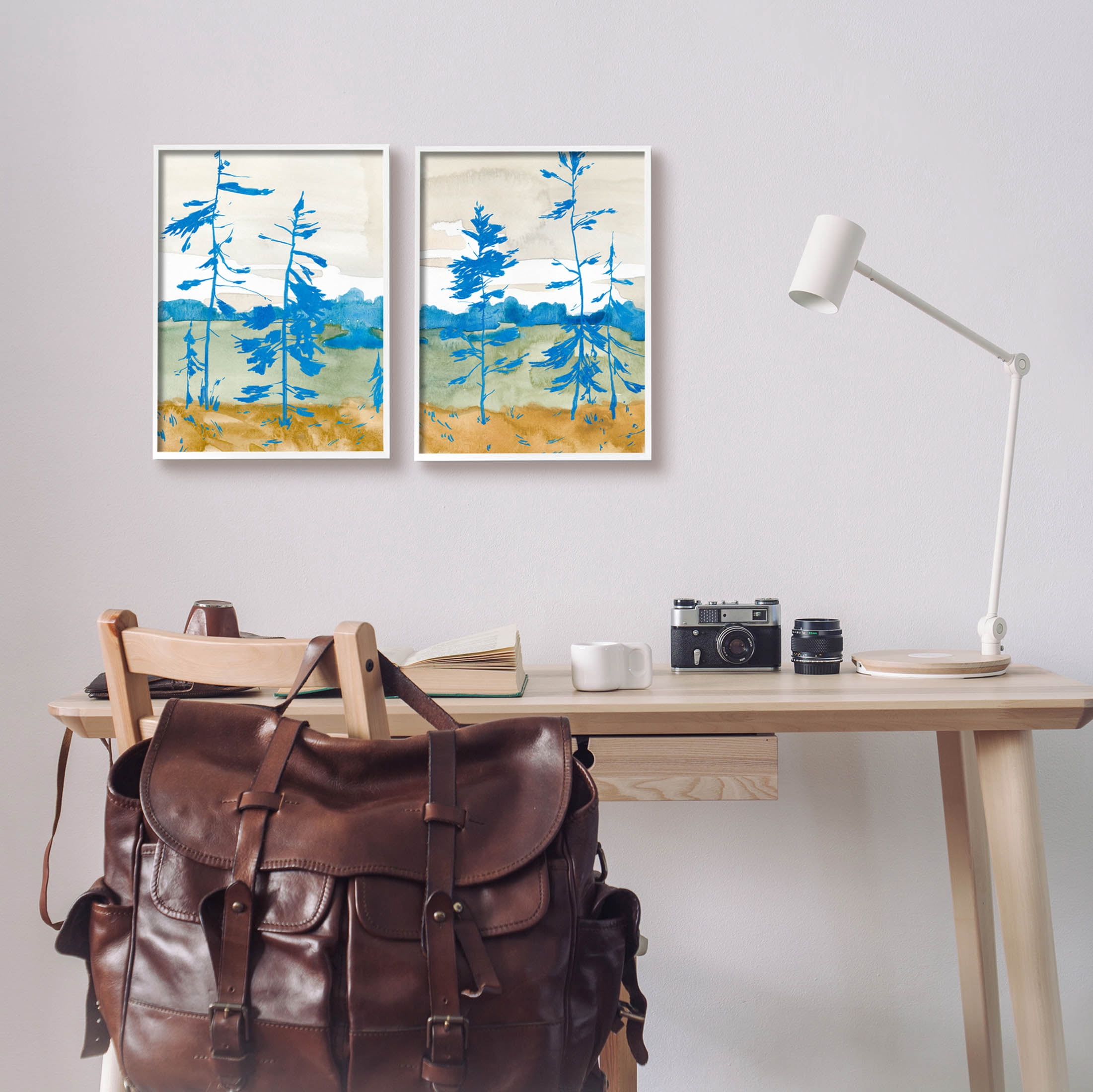 Stupell Industries Modern Blue Tree Scenery Painting White Framed Art Print Wall Art, Set of 2, Design by Jacob Green