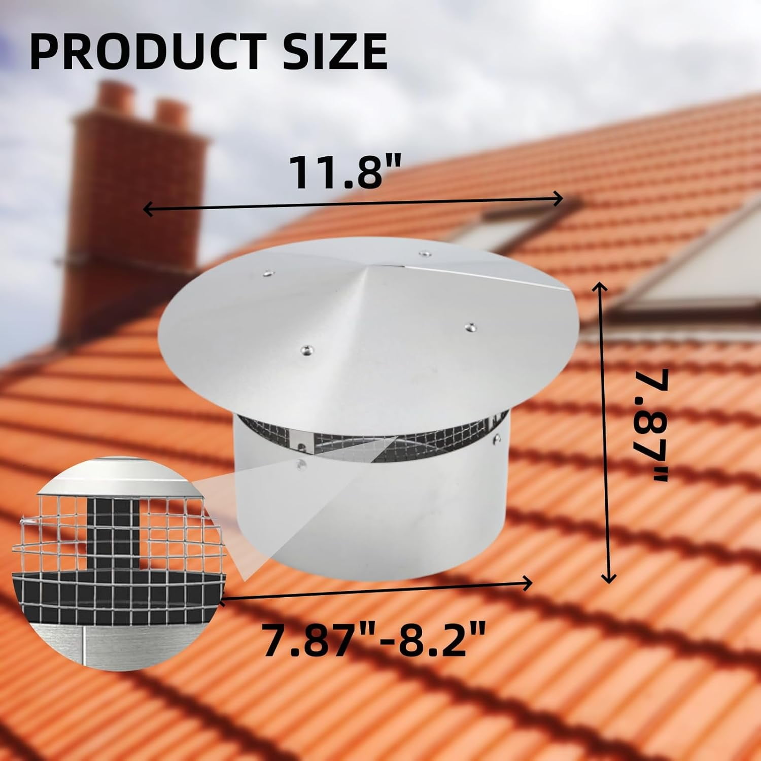 ChaoLink 8 Inch Round Stainless Steel Chimney Cap - Cone Top with Screen,Fireplace Exhaust & Roof Rain Cap,Exterior Stove Pipe,Easy Install