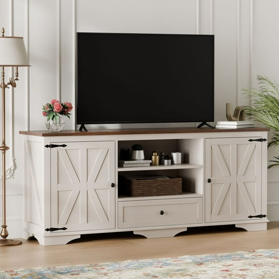 GIKPAL Farmhouse TV Stand for 65 inch TV, Entertainment Center Console Table with Storage Cabinets, Barn Door and Adjustable Shelves for Living Room, Antique White