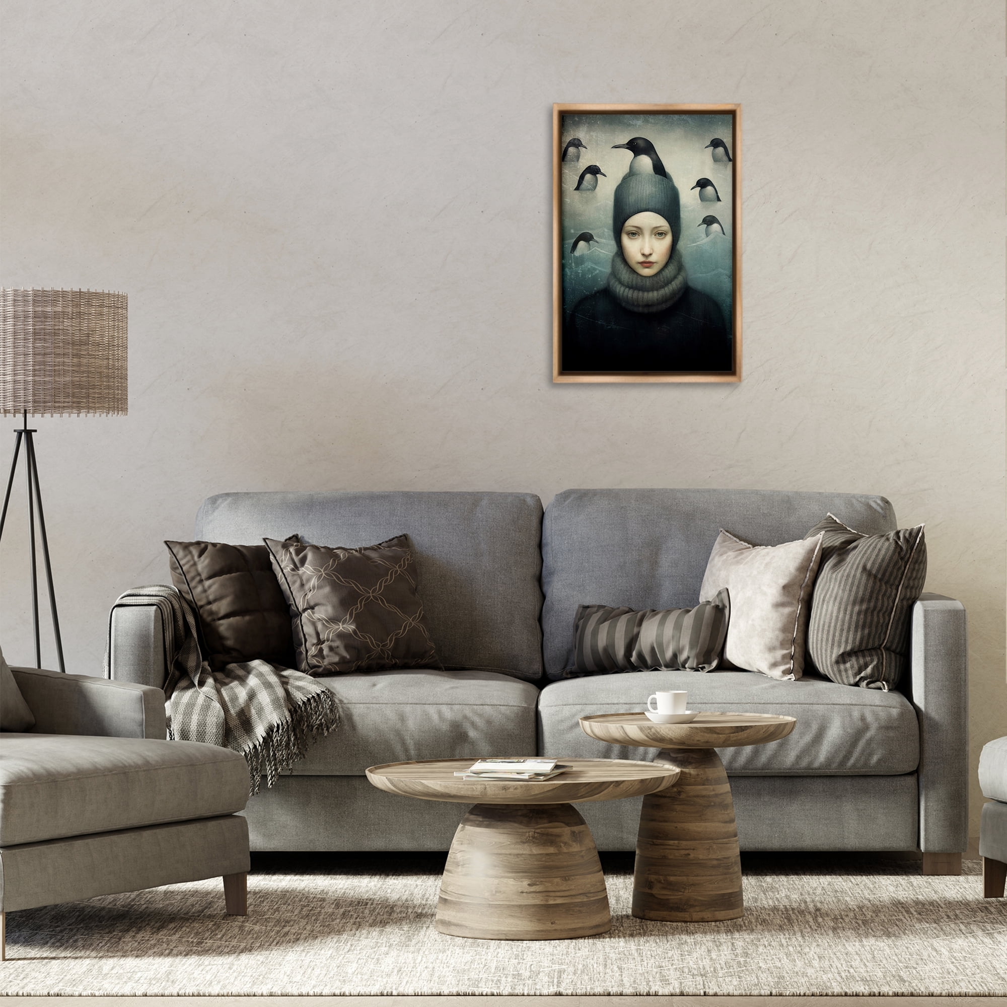Stupell Industries Peeking Penguins & Woman People Painting Brown Floater Framed Canvas Art Print Wall Art, 17 x 25