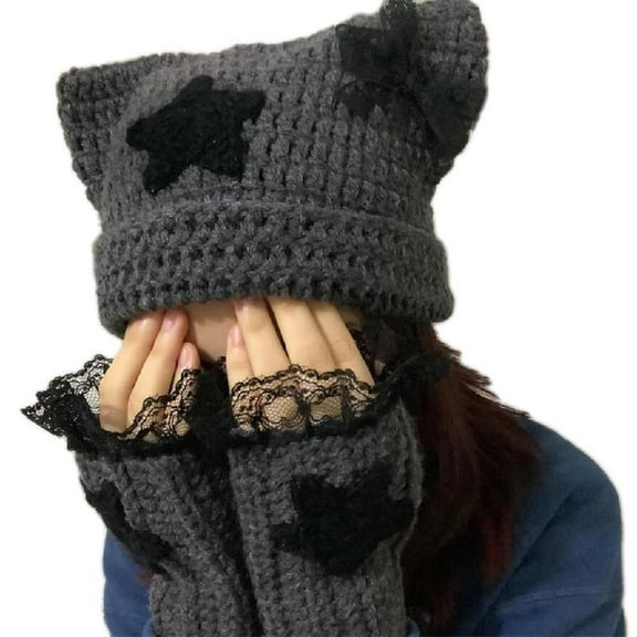 Yokua Adult Teens Cat Ear Shape Hat with Dangle Star Soft Winter Warmer Cycling Hat