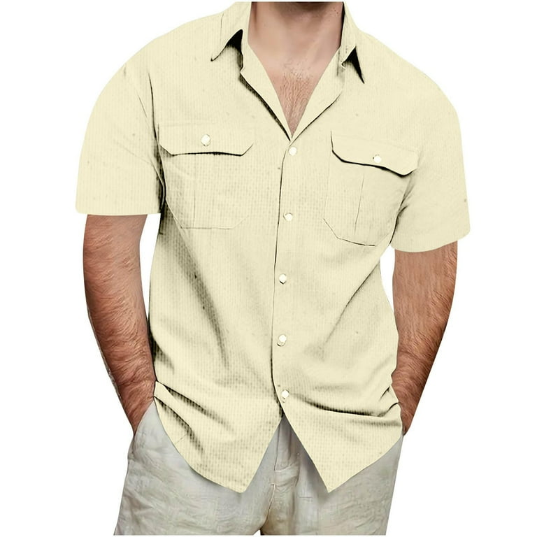 Fznquz Cotton Linen Big and Tall Shirts for Men Beige Short Sleeve