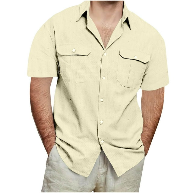 Grrvtrz Mens Linen Shirts Summer Beach Casual Button-down Short Sleeve Shirt Collared Cargo Shirts with Chest Pockets