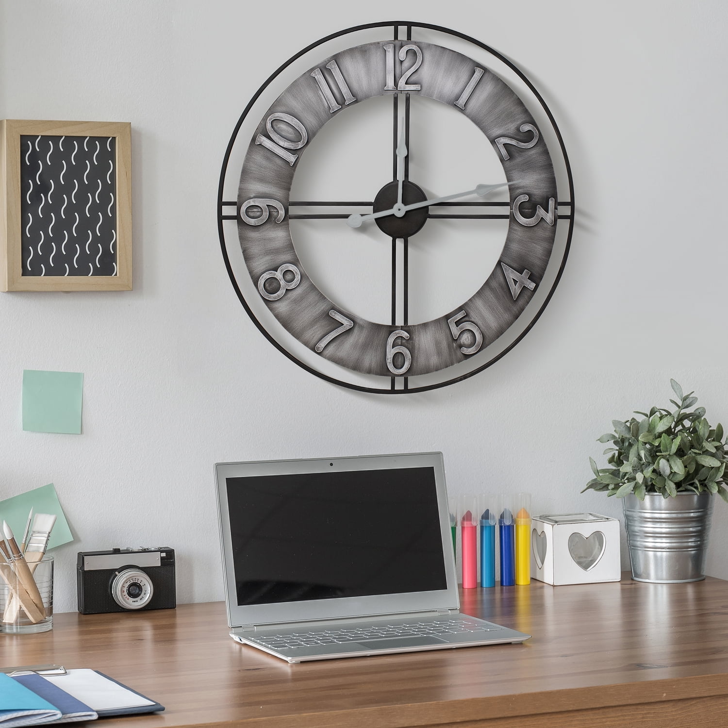 Sorbus 24" Oversized Decorative Wall Clock, Gray Metal, Arabic Numerals, Quartz