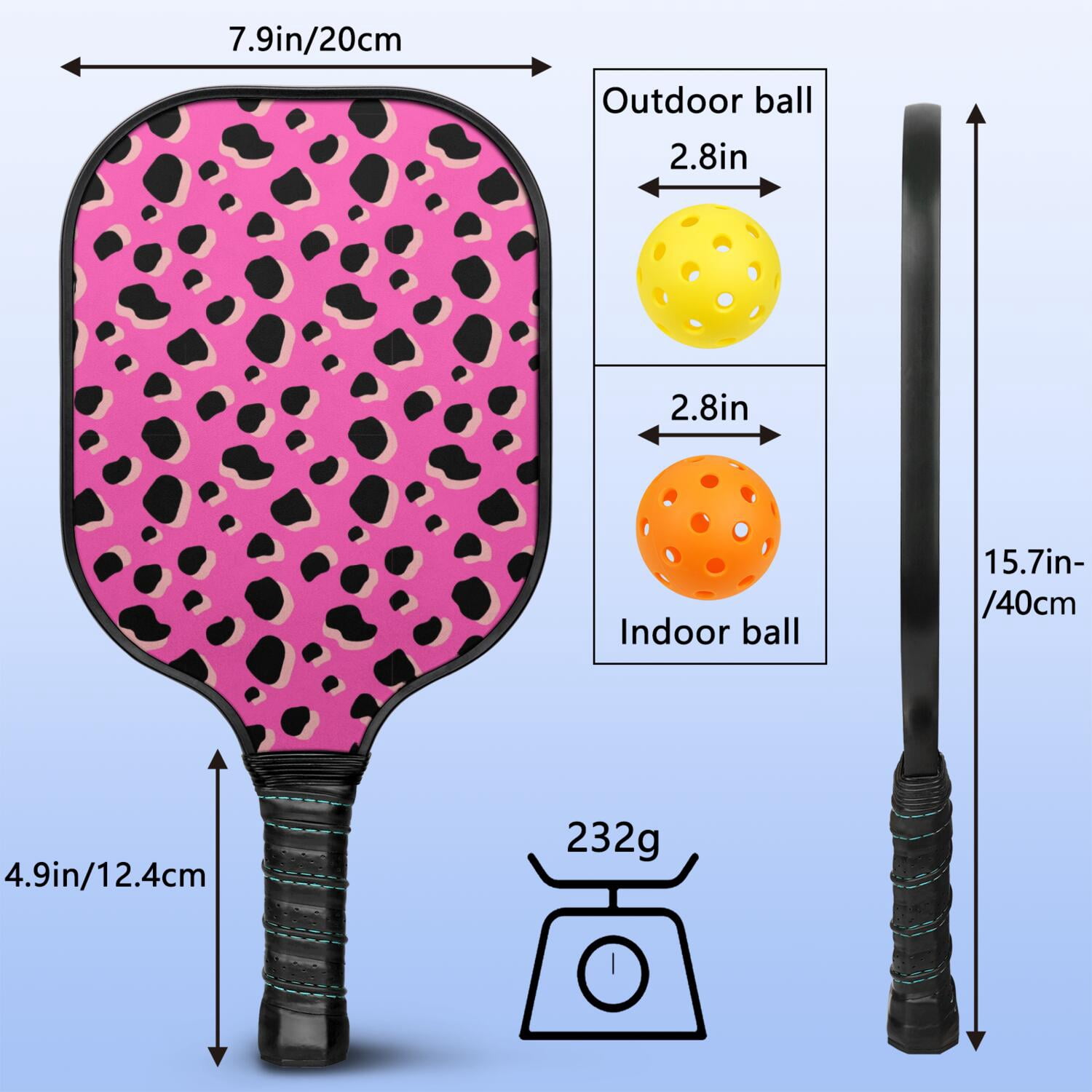 Pickleball Paddles Set Of 1, Fiberglass Surface, Animal, Leopard Print, 1 Paddle, 2 Balls & Bag