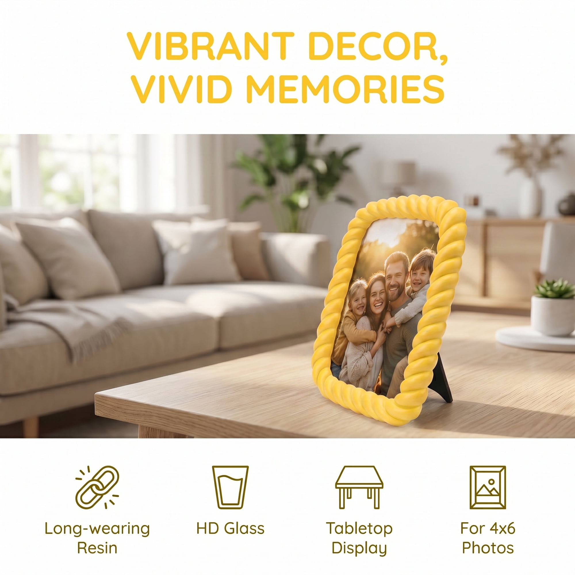 Unique Bargains Twisted Rope Resin Picture Frame for Coastal & Farmhouse Display Yellow 4" x 6"