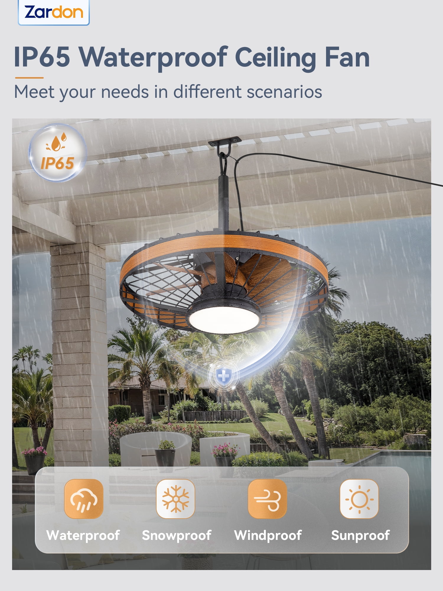 Zardon 20" Outdoor Ceiling Fan with Light and Remote, 7 Blades Caged Waterproof Gazebo Fan for Patio, Porch, Pergola Canopy, App Control