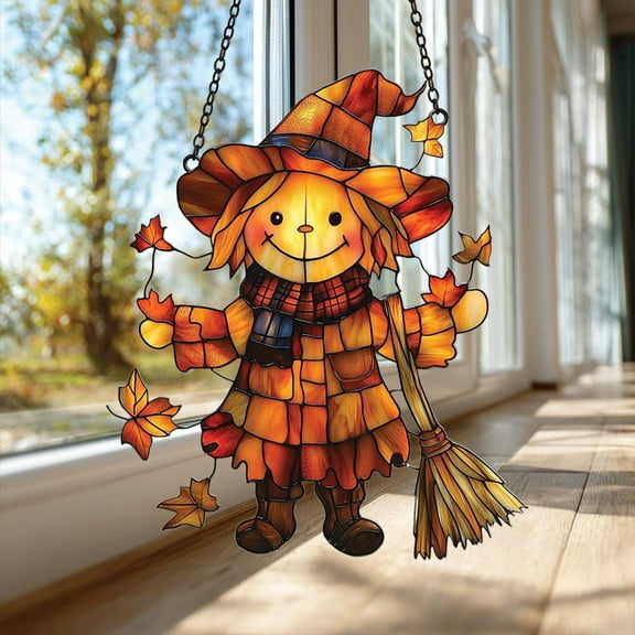 Autumn Scarecrow Acrylic Window Hanging, Cute Autumn Scarecrow Faux Stained Glass Suncatcher, Fall Decor Gift For Her, Harvest Season Decor
