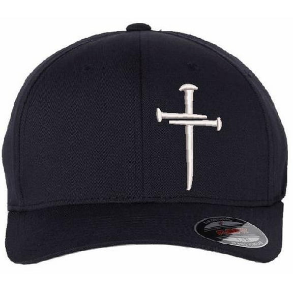 Christian Hats for Men Women Jesus 3 Nail Cross Hat NAVY FLEX FIT S/M HAT with a Free 4" Decal