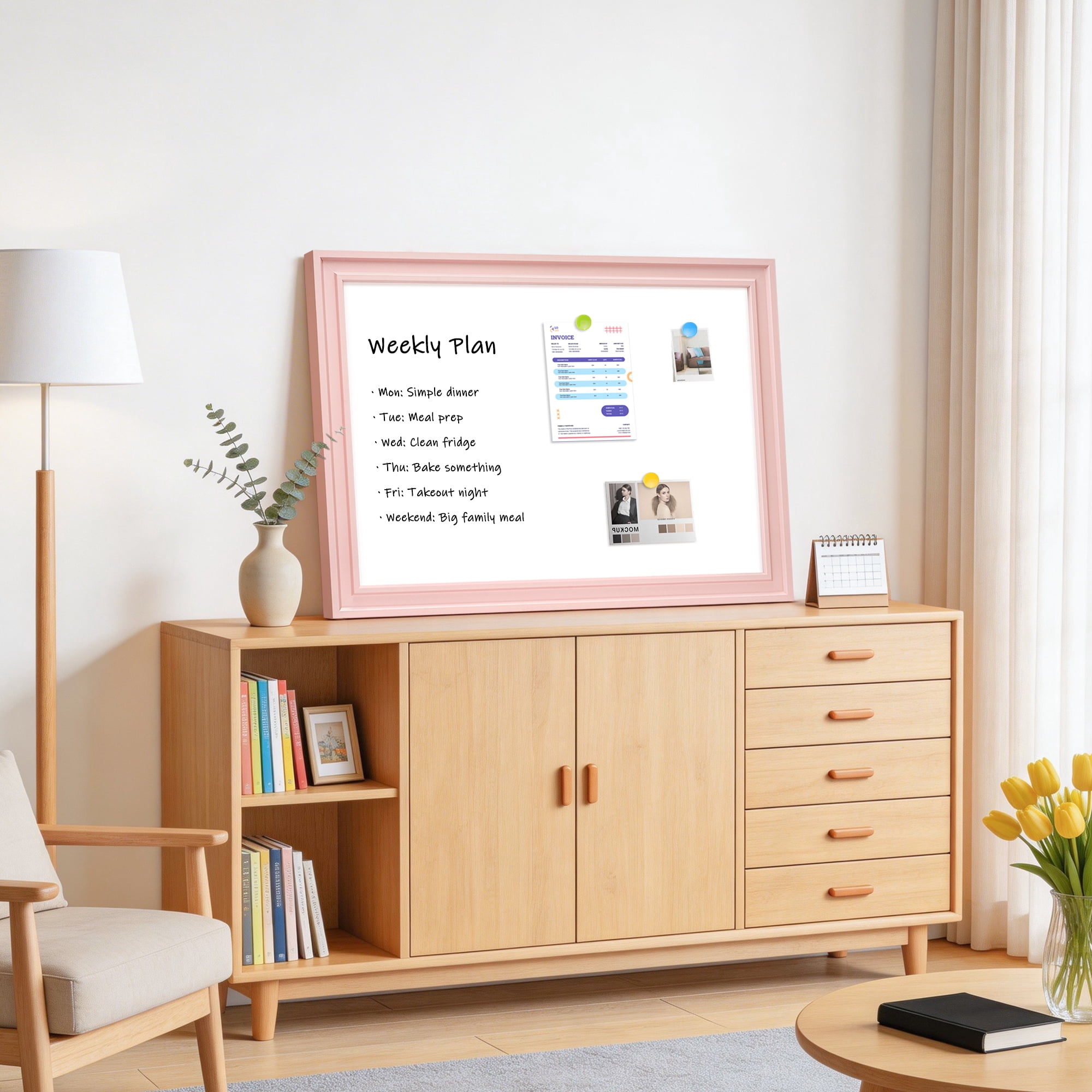 DOLLAR BOSS White Board Magnetic Whiteboard Dry Erase Board 24 X 18 Inches for Home School Office Wall Mount Magnetic Board Includes 1 Eraser & 4 Markers & 8 Magnets, Pink Wooden Frame