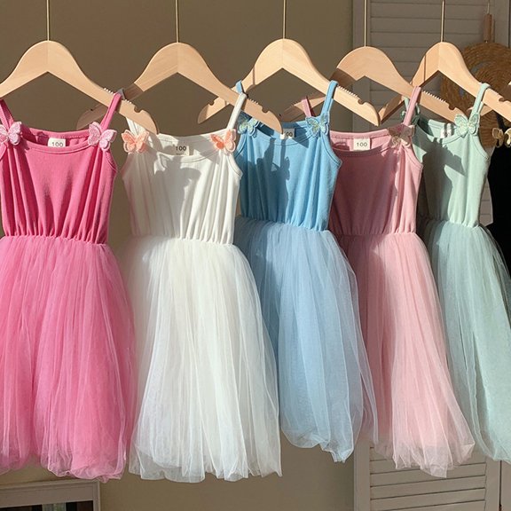 Trendfront Girls Princess Dress Crew Neck Sleeveless Solid Color 3D Butterfly Mesh Tulle Tutu Cami Strap Beach Sundress Wear