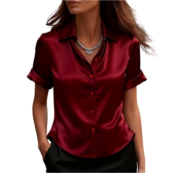 ASDFVBKG Silk Satin Blouses for Women Summer Elegant V Neck Shirts Casual Short Sleeve Blouses Office Work Satin Silk Tops Red M