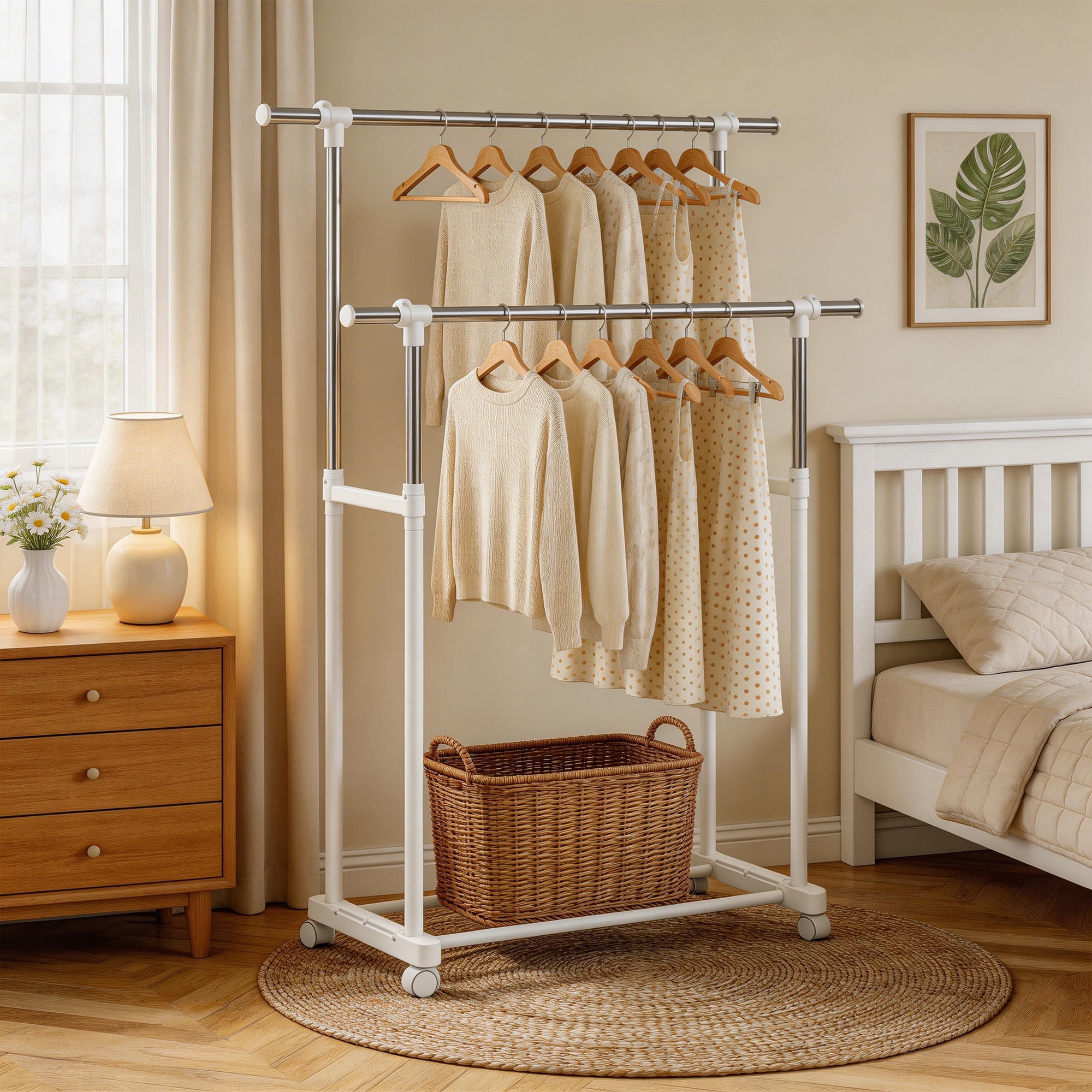 GARITIN Clothes Rack, Double Rods Rolling Clothing Rack, Portable Garment Rack with Wheels, Adjustable Height & Width, for Bedroom Laundry Room, White
