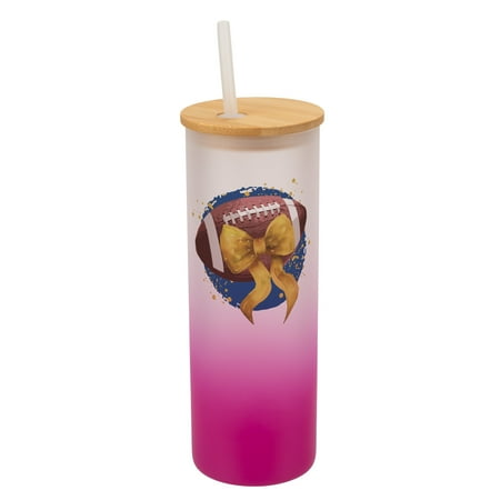 

Elanze Designs 25 Ounce Frosted Glass Gradient Travel Tumbler With Straw and Wooden Lid Football With Gold Bow Pink
