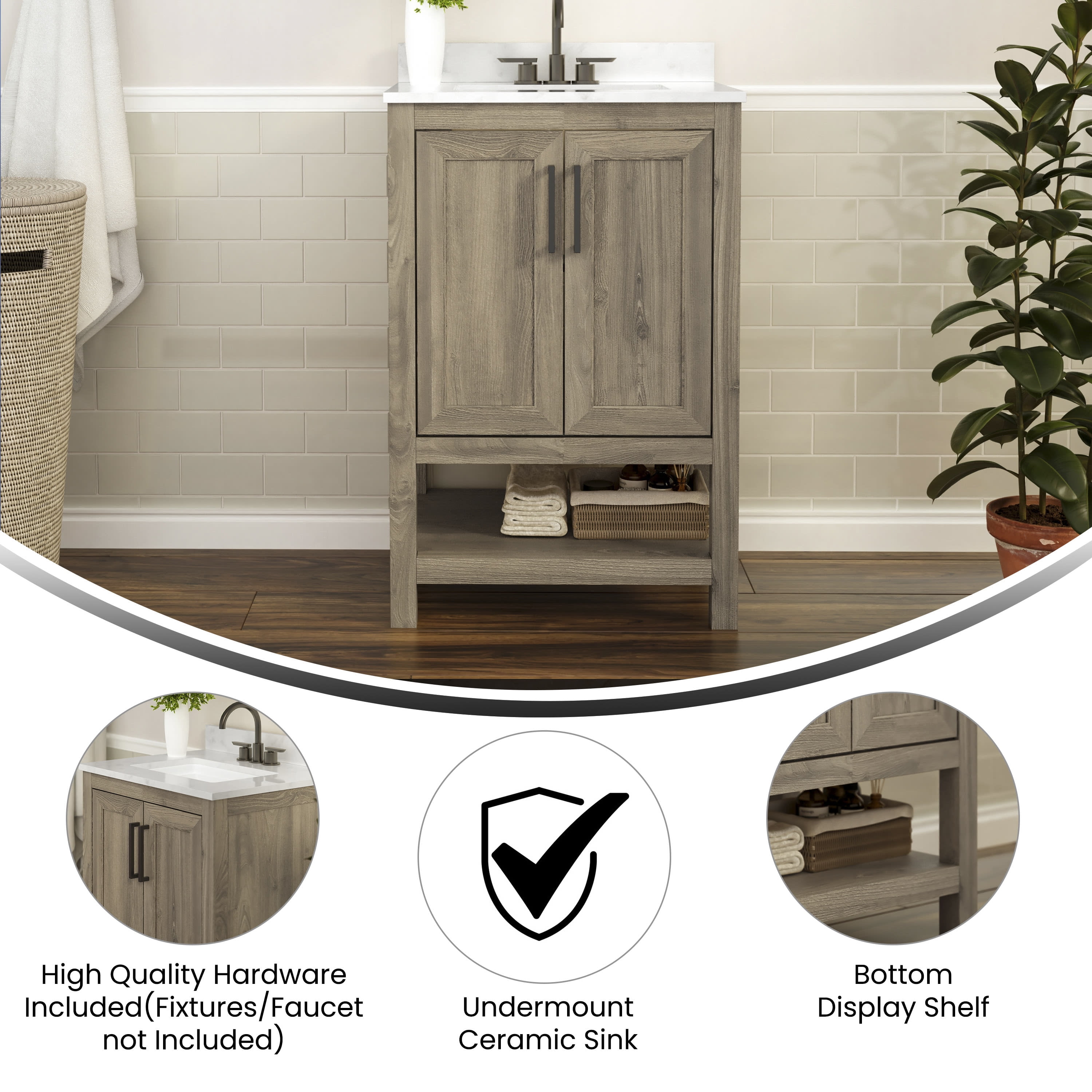 Merrick Lane 24 Inch Bathroom Vanity with Ceramic Sink, Carrara Marble Finish Countertop, Storage Cabinet with Soft Close Doors and Open Shelf in Brown