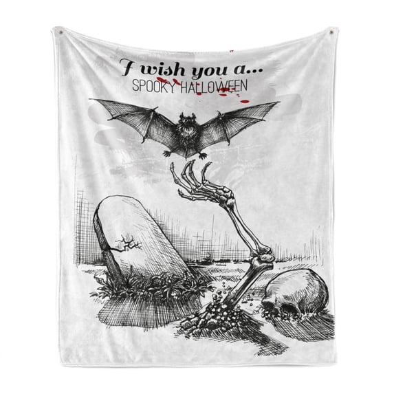 Halloween Soft Flannel Fleece Throw Blanket, Dead Skull Skeleton out of the Grave and Flying Bat Hand Drawn Spooky Picture, Cozy Plush for Indoor and Outdoor Use, 70" x 90", Black White, by Ambesonne