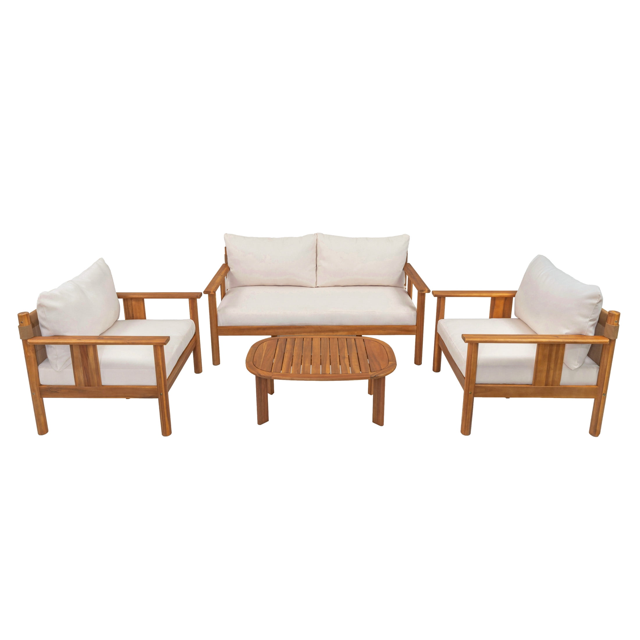 Christopher Knight Home 4 Piece Patio Conversation Set with Cushion, Textilene Backrest, Teak + Beige
