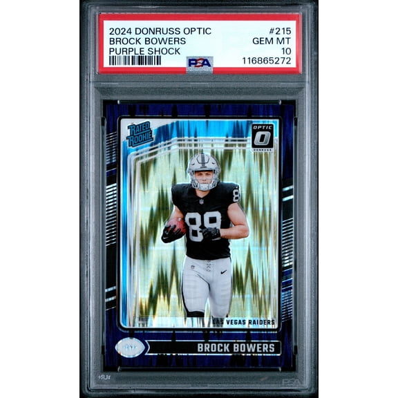 Graded 2024 Panini Donruss Optic Brock Bowers #215 Purple Shock Rookie RC Football Card PSA 10 Gem Mint