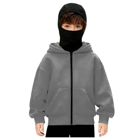 Hinvhai Hoodie with Mask Boys Double Hooded Zip Jacket Wind-Resistant Winter Privacy Hoodie Cycle-Ski-Outdoor Gray 10-11Years