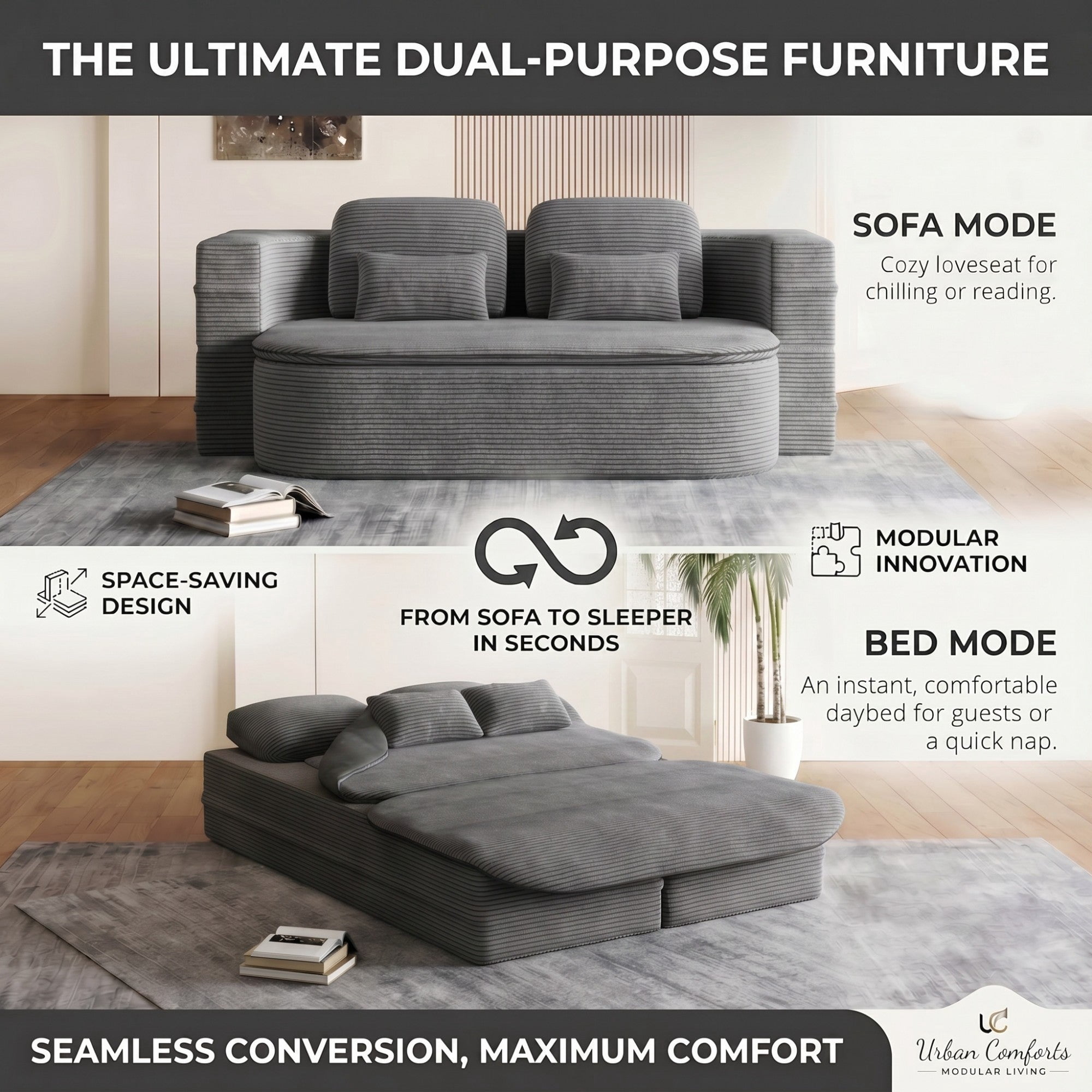 Sailvan 75" Convertible Sleeper Sofa, Corduroy Floor Couch to Full Bed with Blanket and 4 Pillows Grey