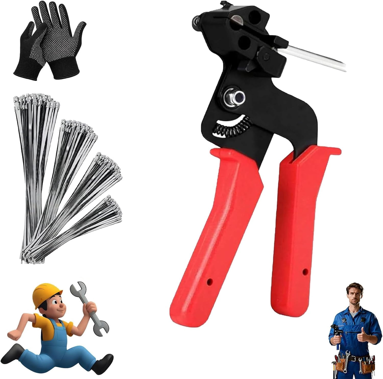 Stainless Steel Cable Tie Gun with Metal Zip Ties, with 150 Cable Ties, Professional Heavy Duty Tensioning & Cutting Tool, Adjustable Fastening Cutting Set, for Wire Fencing, Fence, Exhaust Pipe (E)