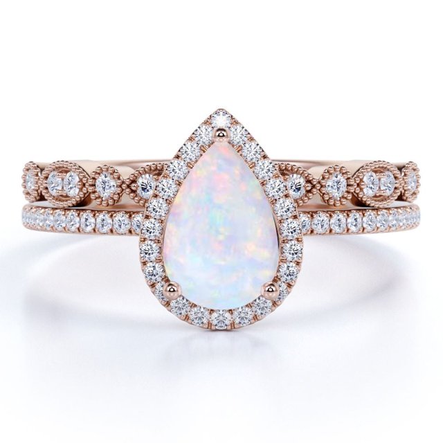 JeenMata Anillo de Bodas Vintage de 1,50 Uds con Halo de Ópalo de Fuego y Moissanita en Forma de Pera Engastado en Oro Rosa de 18 K sobre Plata