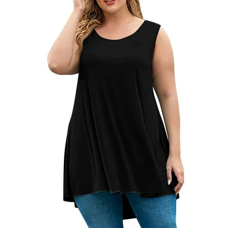 Summer Tops  Plus Size Round Neck Short Sleeve Casual Solid Color Loose Fit Pullover Tank Top Breastfeeding Shirts For Women 3/4 Tops Corset Tops Casual Short (XL  Black) ZMTing