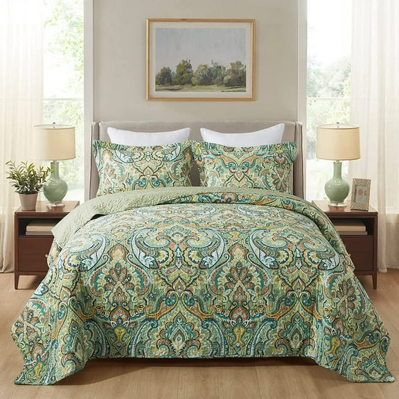 Cotton Bedspread Quilt Sets - Reversible Patchwork Coverlet Set, European Green Floral Pattern, California King Size