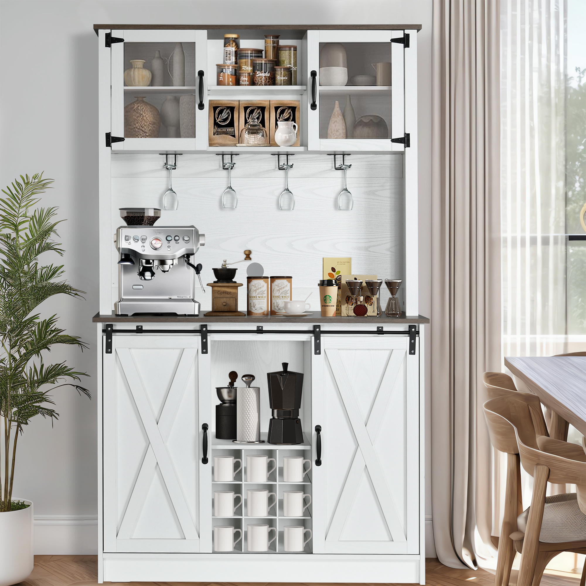 DreamCurship 72" Kitchen Pantry Storage Cabinet, Freestanding Cupboard Storage Buffet Hutch with Microwave Stand, Coffee Bar Cabinet with 9 Racks & 4 Row Wine Glass Holders, White