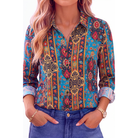 Fantaslook Womens Button Down Shirts Boho Floral Printed Long Sleeve Blouses Business Work Shirt Dressy Casual Loose Tops