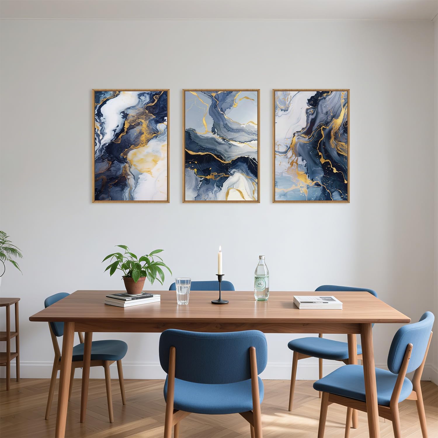 Blue Abstract Framed Canvas Wall Art Set, Blue Golden Aesthetic Wall Decor, Navy Blue Gold Wall Painting, Neutral Modern Art Print for Living Room, Bedroom, Dining Room, Office 16"x24"x3