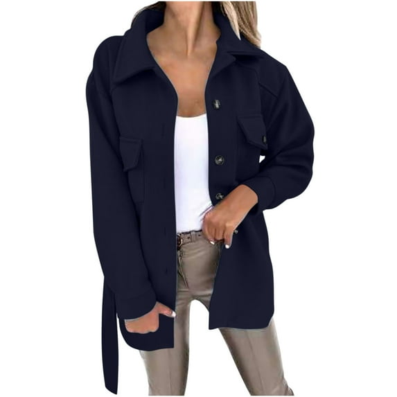 IROINNID Women's Blouson Jacket Long Sleeve Solid Color Turndown Lapel Outwear, Casual Woolen Button Cardigan with Lapel and Pocket Jacket