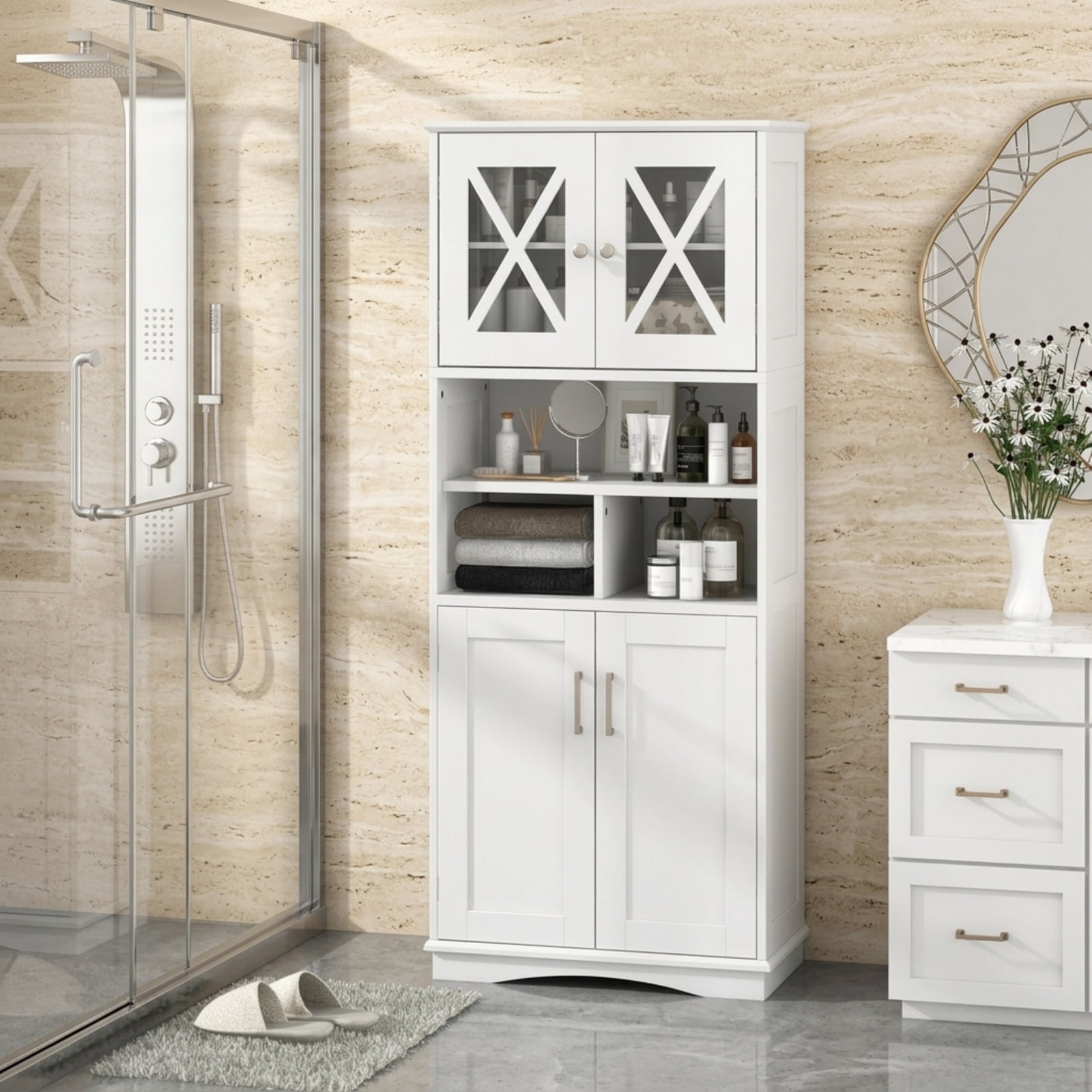 Vebreda Tall Bathroom Floor Storage Cabinet with Acrylic Doors and 3 Open Cubes and Adjustable Shelves for Bathroom Organizer, White